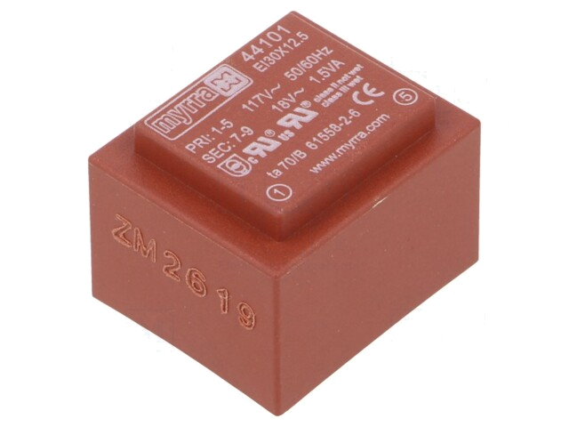 Transformator: ingegoten; 1,5VA; 117VAC; 18V; 83mA; PCB Transformator: ingegoten; 1,5VA; 117VAC; 18V; 83mA; PCB